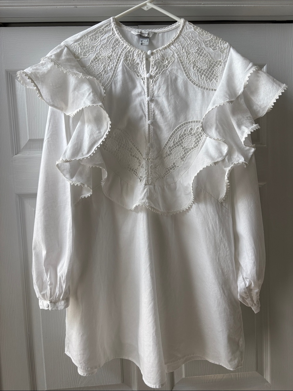 H&M Edition roomy white linen blend ruffled collar lace insert dress EUC